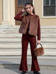 Elladie kids 3 pièces/set Top à col roulé côtelé à manches longues, pantalon évasé et gilet en fausse fourrure avec décoration de nœud pour filles. Tenue décontractée élégante et luxueuse, convient pour un anniversaire, des vacances - Marron - Voir 1