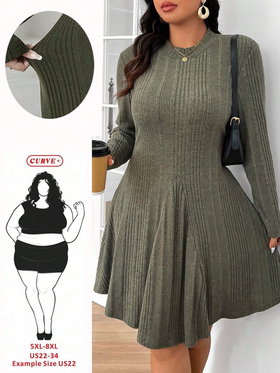 SHEIN CURVE+ Vestido midi plus size feminino casual com nervuras em veludo evasê