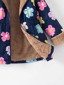 小女孩花卉印花羊毛连帽开衫，收腰休闲中长夹克，秋冬 - 彩色 - 查看 8