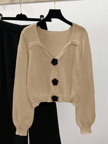 Franclia 2pcs Tea-Colored Outfit, Sweet Cropped Square Collar Knit Sweater & Wide Leg Knit Pants Set, Autumn - Khaki - View 4