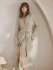 Ocili Leisure Minimalist Soft Waffle Knit Shawl Collar Belted Robe, Comfortable Women Sleepwear Loungewear, Autumn/Winter, Fall, Cozy Outfit