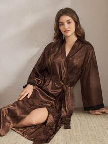 Ocili Satin Jacquard Simple Comfortable Draping Satin Paisley Cashew Flower Comfortable Robe With Slit, Women Sleepwear Robe, Winter - Khaki - View 2