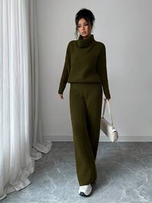 Elenzga 驼色休闲宽松针织衫和裤子两件套，优雅通勤装，秋冬季 - 墨綠色 - 查看 7