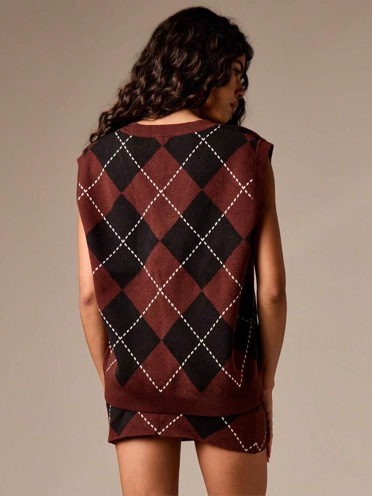 Argyle Sleeveless Sweater Vest With Ribbed Trim