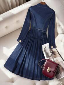 GlowEve 女士翻领长袖单排扣休闲牛仔衬衫裙 - 藍色 - 查看 2