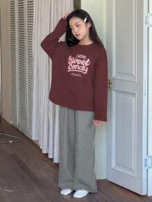 Dazy Kids 2件套少女圆领印花长袖T恤+条纹梭织裤家居服套装，秋季 - 酒紅色 - 查看 2