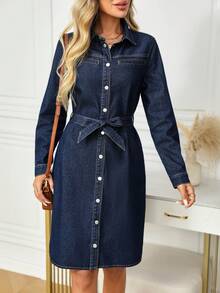 EMERY ROSE Women's Long Sleeve Single-Breasted Belt Design Casual Denim Shirt Dress Long Sleeve Denim Dress Women Jean Dress Chambray Dress Curve Denim Dress Demin Dress For Curv Woman - Dark Wash - View 1