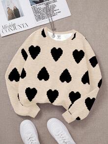 Young Girl Casual Minimalist Classic Digital Pixel Heart Print Loose Fit Crew Neck Comfortable Daily Knit Long Sleeve Sweatshirt, Suitable For Autumn/Winter - Multicolor - View 3