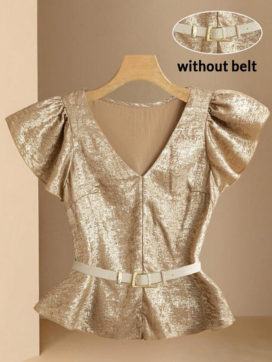 SHEIN Clasi 女式V领蝴蝶袖镀金休闲衬衫