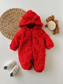 Newborn Baby Girl Cute 3D Ear Fluffy Pink Heart Pattern Zip-Up Hooded Jumpsuit, Autumn/Winter - Red - View 7