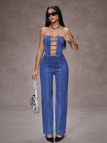 SHEIN EZwear Bộ đồ liền thân denim hở lưng gợi cảm thời trang nữ - Màu xanh lam - Xem 4