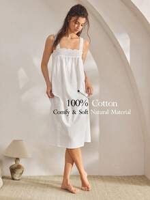 Ocili 100%纯棉刺绣蕾丝边舒适女士睡衣裙 - 白色 - 查看 1