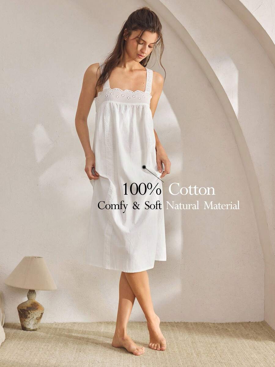 Ocili 100%纯棉刺绣蕾丝边舒适女士睡衣裙 - 白色 - 查看 1