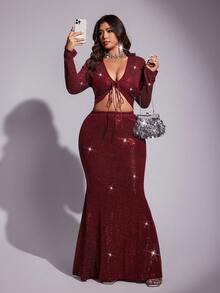 Viva Relle Große Größen sexy rotes paillettenbesetztes Crop Top und paillettenbesetzter Meerjungfrau-Rock Set für Silvester, Partykleid, Abendkleid - Bordeaux - Übersicht 7