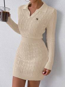EMERY ROSE Pony Logo White Cable Knit Sweater, Embroidered Polo Collar Top, Fitted Sexy Dress - Apricot - View 3