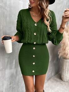 SHEIN Clasi Women's Fashion Drop Shoulder Long Sleeve Button Design Knitted Sweater Dress, Autumn/Winter - Green - View 4