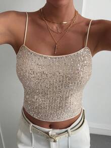 Strévra Shiny Sequin Camisole Top For Women, Elegant For New Year, Christmas, Wedding, Party, Formal Events, Autumn/Winter Glitter Top Carnival - Gold - View 6