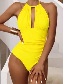 SHEIN Swim Summer Beach Ruched Halter One Piece Swimsuit - Yellow - View 5