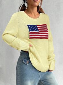 SHEIN EZwear 女士休闲国旗图案针织套头衫（米黄色），秋冬季国旗服饰，短款毛衣，美国国旗上衣，7月4日露脐上衣 - 淡黃色 - 查看 3