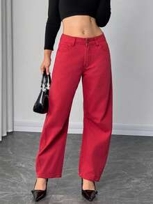 Elenzga 女式纯色休闲牛仔裤 - 酒紅色 - 查看 1