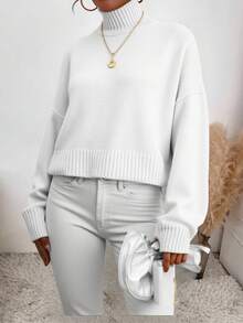 EURMUSE Women's Solid Color High Neck Drop Shoulder Long Sleeve Casual Pullover Sweater, Autumn/Winter - White - View 3