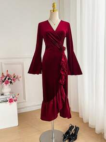 SHEIN LUNE Váy midi thanh lịch bằng vải nhung và chiffon chắp vá dành cho nữ - Màu Đỏ Sâu - Xem 3