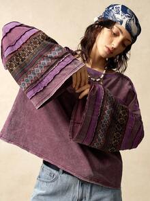 Bohemela 休闲针织拼接圆领长袖宽松女式T恤 - 彩色 - 查看 8