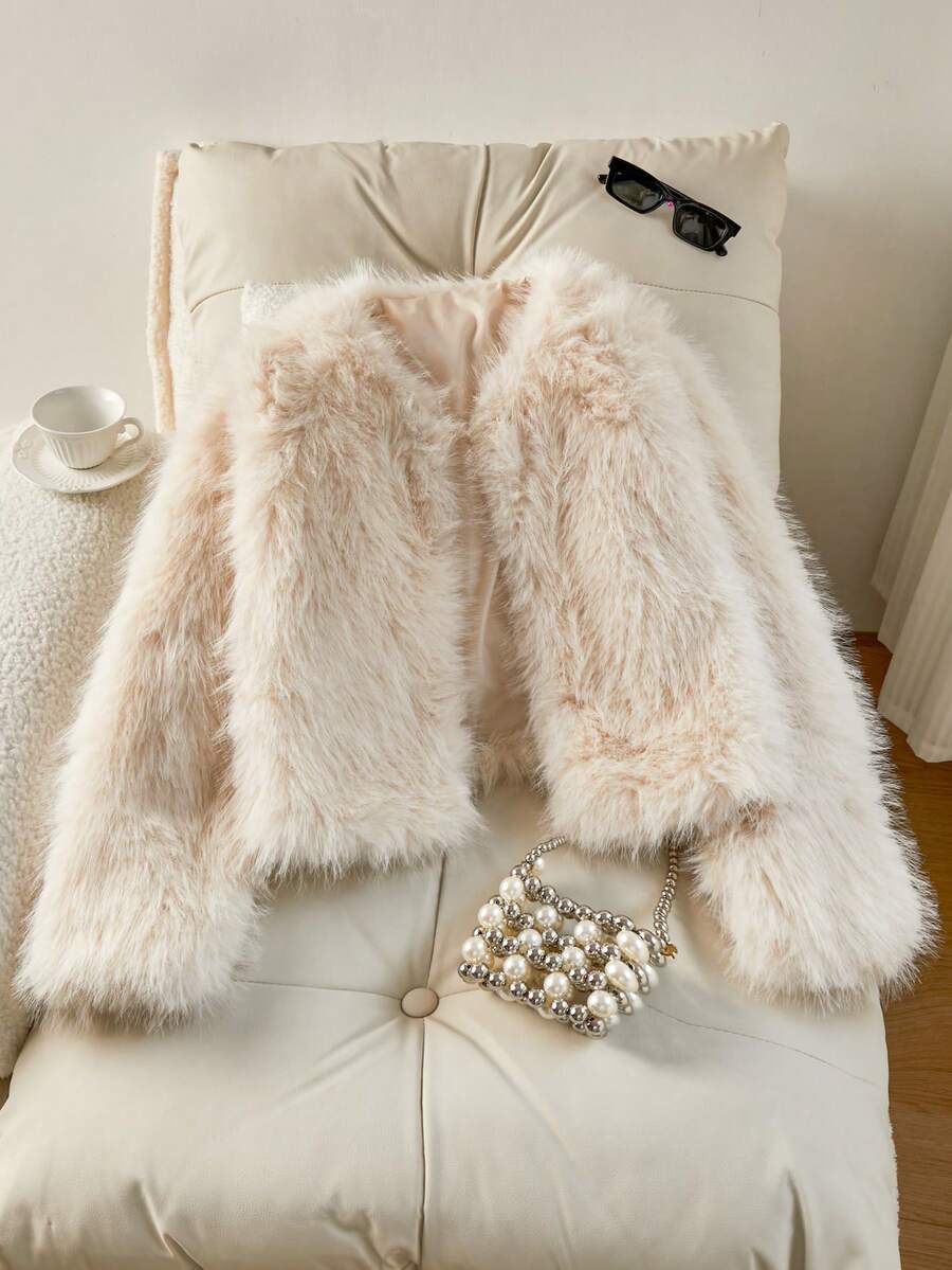 SHEIN Girls' Big Kid Casual Fashion Versatile Minimalist Faux Fur Coat - Apricot Faux Fur Long-Sleeve Regular-Fit Style, Suitable For Daily Wear Like Outdoor Walks, Shopping, Commuting And Travel In Autumn And Winter. - Black - View 1