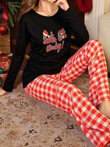 EURMUSE Women Cotton SANTA Lettered Christmas Homewear Comfort Pajama Set Home Black And White Red Plaid Autumn Kawaii - Black - View 4