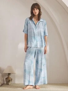Ocili Leisure Comfy Striped Print Lapel Short Sleeve Top & Pants Women Pajama Set, Chic Autumn Slumber, Fall Winter Clothes Light Blue Pj Set - Khaki - View 7