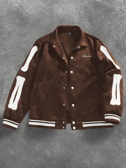 Manfinity EMRG 男士字母印花长袖单排扣休闲翻领夹克黑色棒球夹克，适合万圣节、Y2K、街头时尚、返校季、送给男友的礼物