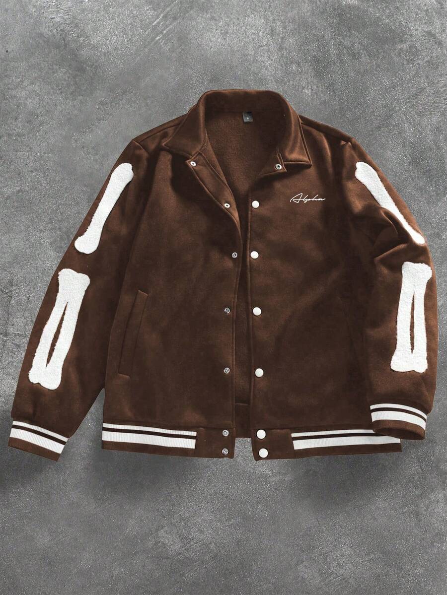 Manfinity EMRG 男士字母印花长袖单排扣休闲翻领夹克黑色棒球夹克，适合万圣节、Y2K、街头时尚、返校季、送给男友的礼物 - 棕色 - 查看 1