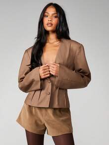 MISSGUIDED Áo khoác blazer nữ có chi tiết xếp ly cài nút phía trước, trang phục công sở chính thức mùa thu đông - màu nâu - Xem 3