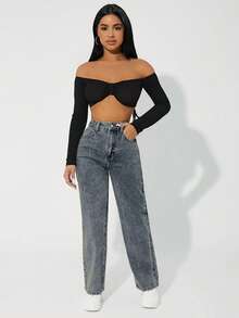 SHEIN PETITE Women's Casual Straight Leg Pocket Button Jeans - Blue - View 4