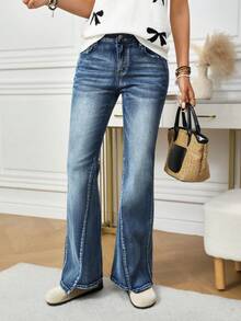 EMERY ROSE 女士低腰复古休闲修身喇叭牛仔裤 - 藍色 - 查看 5