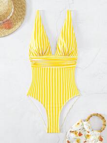 SHEIN Swim Summer Beach Striped Ruched One Piece Swimsuit Yellow Swimsuitone Piece Swimwear - Yellow - View 5