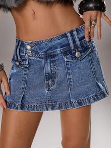 TRNVIE Women's Solid Color Minimalist Daily Wear Mini Denim Skirt - Medium Wash - View 1