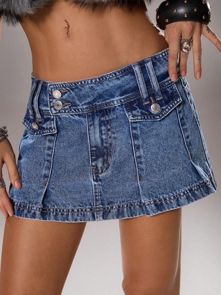 TRNVIE Women's Solid Color Minimalist Daily Wear Mini Denim Skirt - Medium Wash - View 1