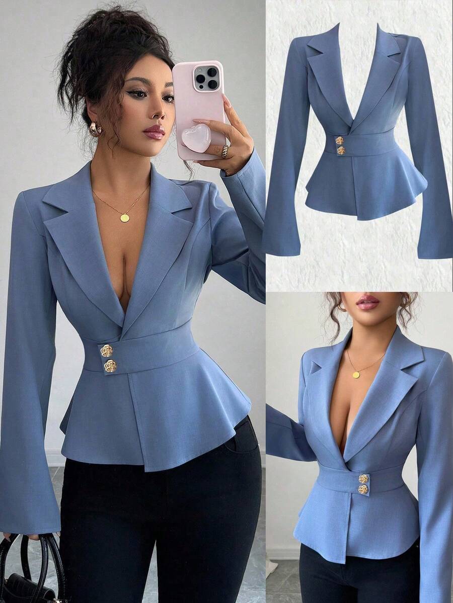 春秋新款牛仔蓝色亚麻衬衫，翻领，金属纽扣，休闲通勤设计，收腰，修身长袖女衬衫 - 中等水洗藍 - 查看 1