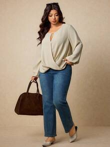 Elaquor Plus Size Women's Solid Color Keyhole Neck Lantern Sleeve Loose Blouse - Apricot - View 5