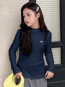 DAZY 少女圆领针织保暖内衬蝴蝶印花T恤，秋季长袖上衣 - 藏蓝色 - 查看 3