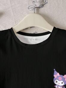 HELLO KITTY AND FRIENDS | SHEIN 少女休闲日常通勤时尚可爱卡通字母图案短袖黑色T恤，夏季 - 白色 - 查看 5