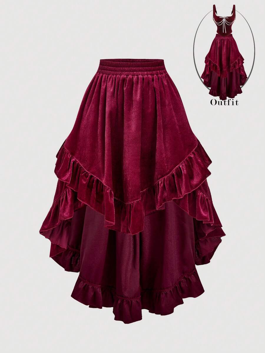 SHEIN MOD 女士时尚酒红色不对称下摆半身裙 - 酒紅色 - 查看 1