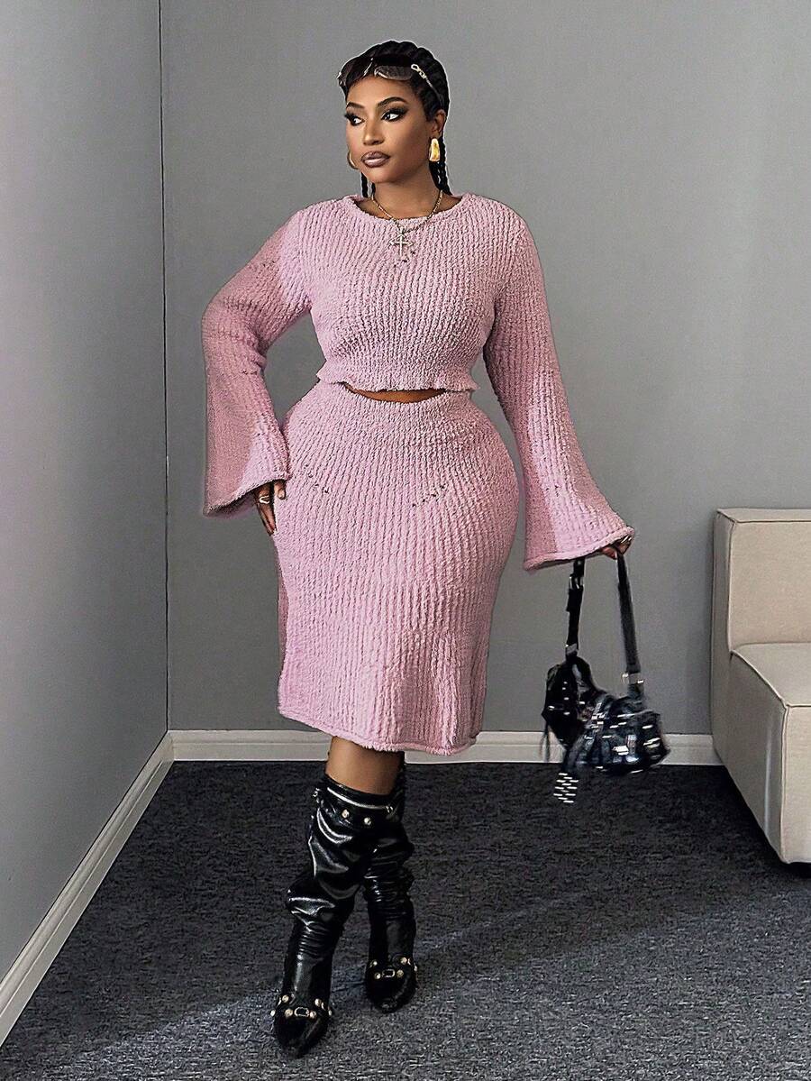 Maweii Damen Große Größen 2-teiliges Set: Einfarbiges Pulloverkleid mit Rundhalsausschnitt - Pink - Übersicht 1