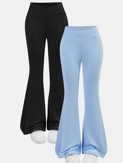 Girlism 2pcs/Set Teen Girls' Basic Mid-Calf Flare Leggings, Black & Blue Waistband Criss-Cross Design Skinny Casual Flare Pants Set Bell Bottom Pants Pants Flare Leg Flared Pants Flared Leggings