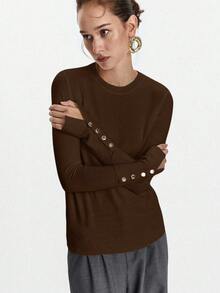 Lumivelle All-Match Round Neck Casual Versatile Long Sleeve Knit Undershirt Brown Long Sleeve Top Dark Brown Top Chocolate Brown Top Coffee Brown Top Brown Top Women - Coffee Brown - View 2