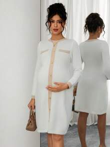 SHEIN Women's Fitted Maternity Sweater Dress With Contrast Metal Button Design, Elegant For Dates - Multicolor - View 4