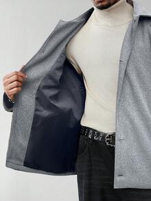 Manfinity Homme 男士纯色插肩袖单排扣休闲夹克，秋冬款 - 深灰色 - 查看 8