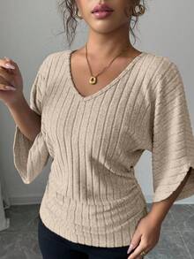 Selianne 女式舒适休闲V领荷叶边蝙蝠袖纯色拉绒罗纹T恤 - 杏色 - 查看 4