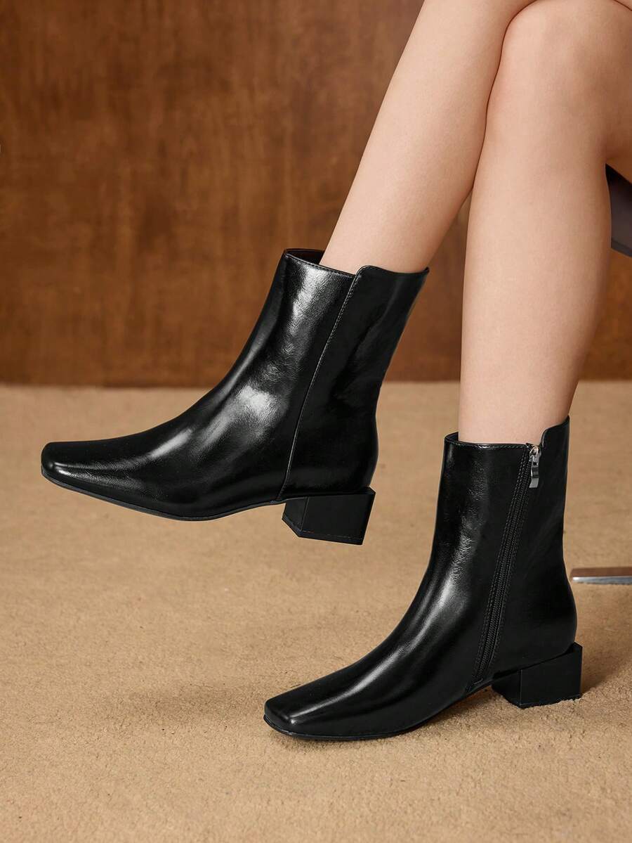 MOTF 侧拉链奢华时尚方头短靴 - 黑色 - 查看 1